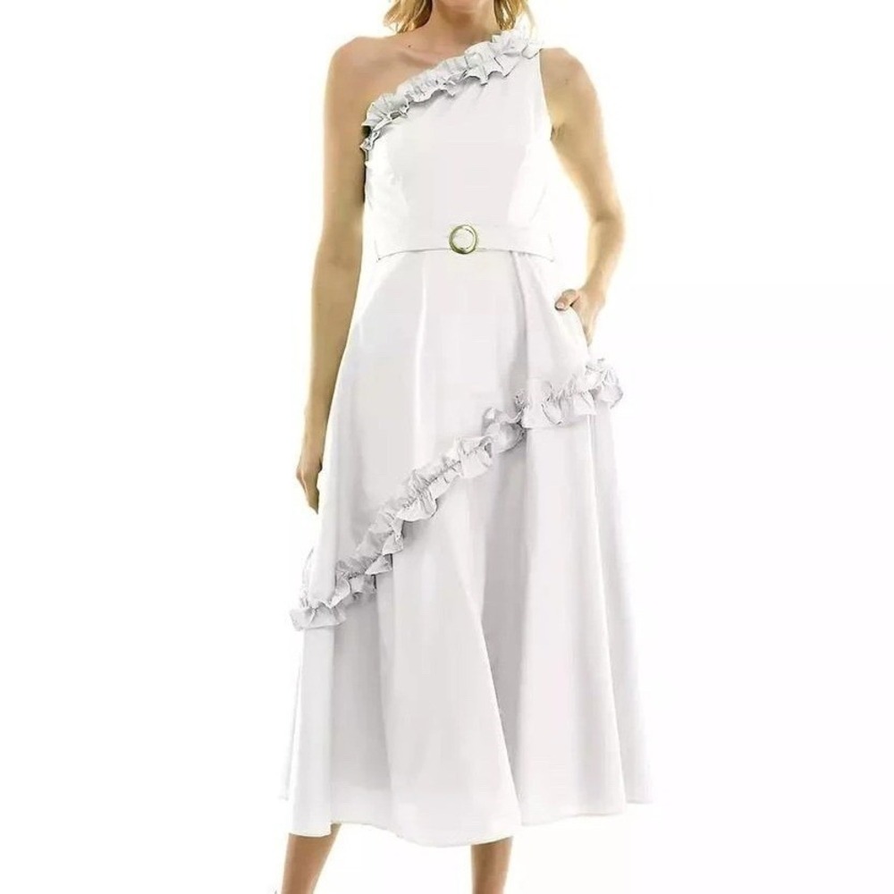 Taylor Ruffled‎ A Line One Shoulder Dress White Bloom Midi Belt Womens 10